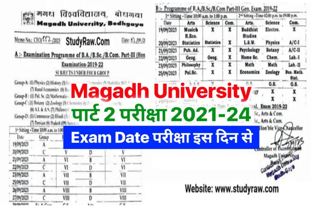 Magadh University Part 2 Exam Date 2021-24 : (टाइम टेबल) ,BA BSC BCOM Part 2 Exam Date 2024