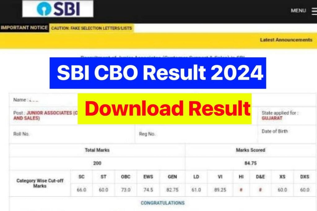 SBI CBO Result 2024 ,Check Circle Based Officer Cut-off Marks List @sbi.co.in