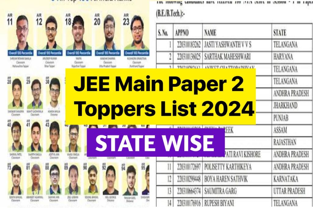 JEE Main Paper 2 Toppers List 2024, (PDF देखें), Check Name Wise List JEE Main Paper 2 Toppers with Marks @jeemain.ntaonline.in