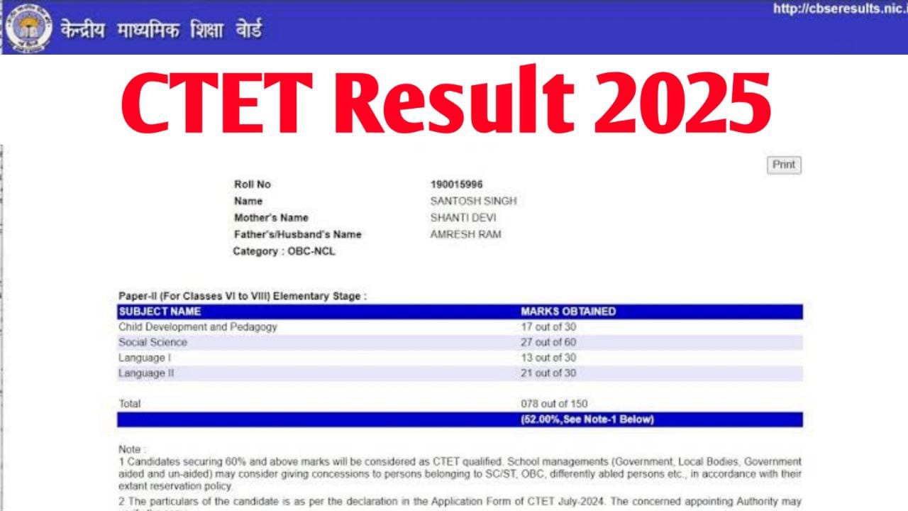 CTET Result 2025: Check Paper 1 2 Scorecard, Cut Off Marks & Merit List