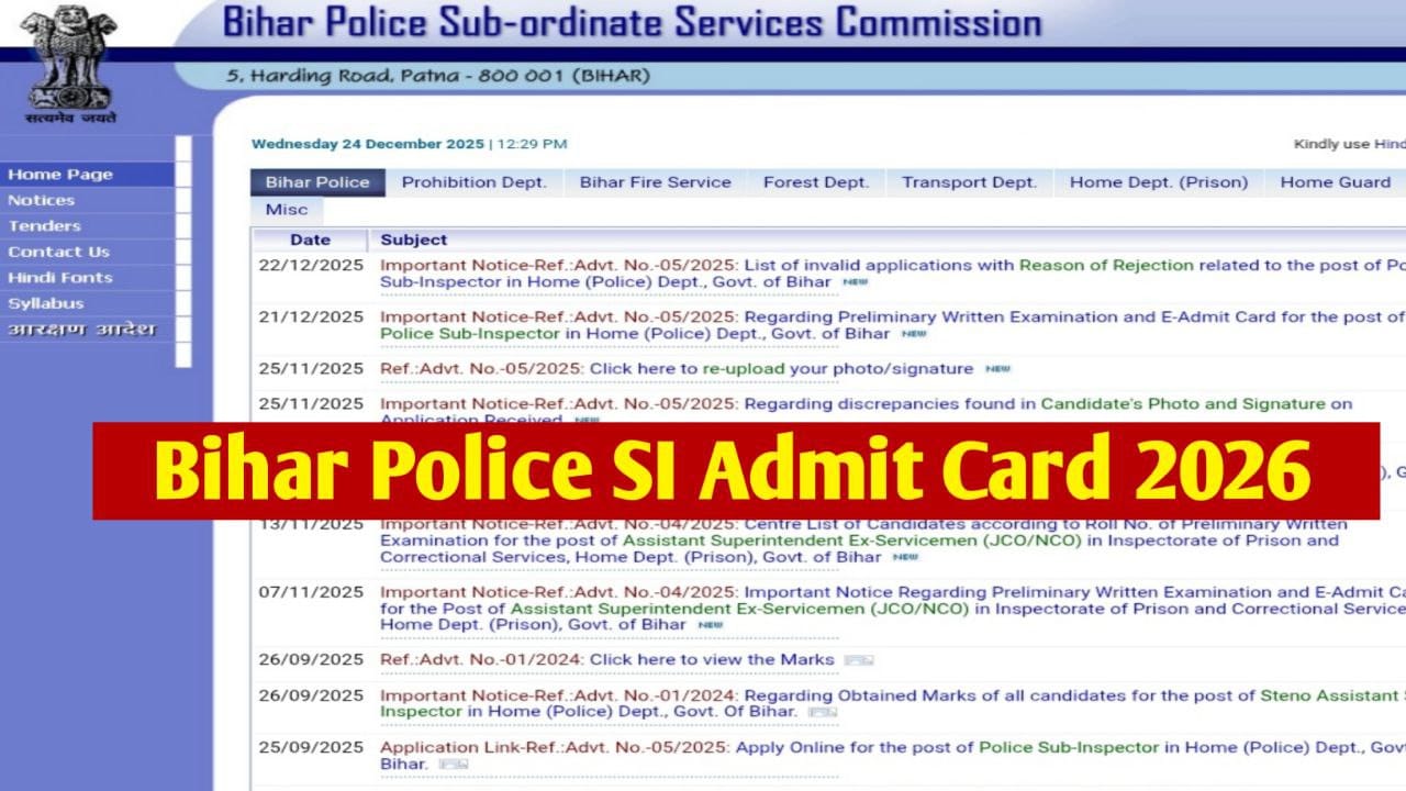 Bihar Police SI Admit Card 2026: Exam Date, Daroga Hall Ticket Download
